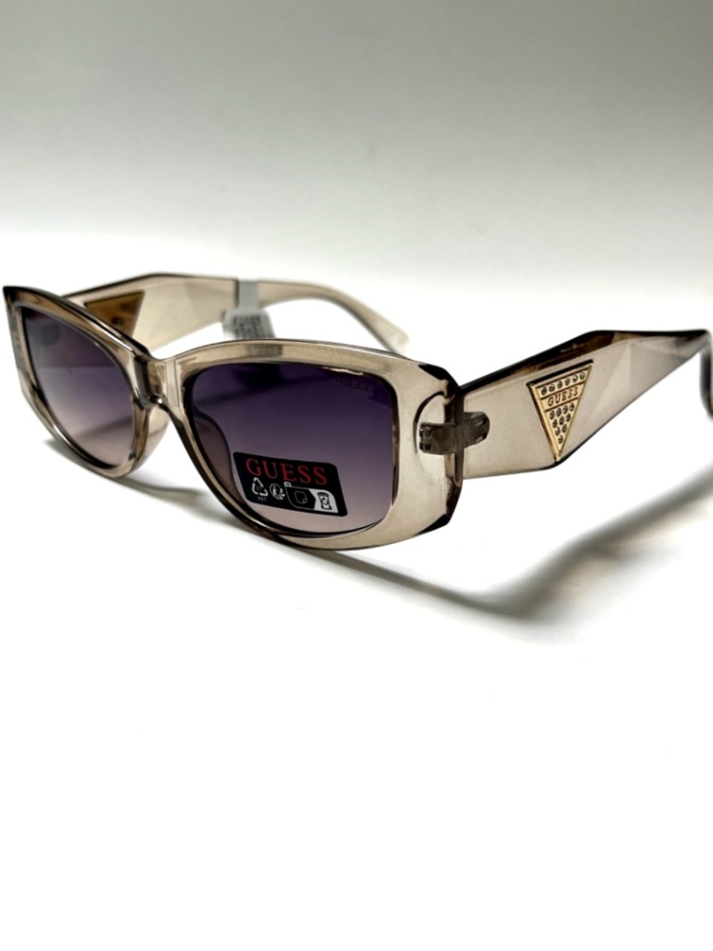 New GUESS Slim Geo Sunglasses GO00086 Acetate Beige Gold Logo Rhinestone